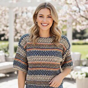 Lou & Grey Knitted Crochet Crop Sweater Top Multicolor Boho Drawstring Oversized